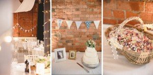 Wedding decorations in a rustic setting. Left: Tables with white cloths and chairs, lit by fairy lights. Center: White tiered cake, framed photos captured by Bristol wedding photographers against a brick wall. Right: Basket filled with flower petals.