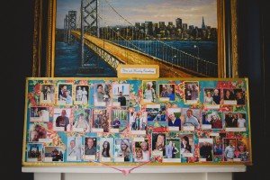 A bulletin board filled with various photos of people, some in pairs or groups, arranged under a painting of a bridge and city skyline. The board, showcasing the charm captured by Somerset wedding photographers, is decorated with floral-patterned paper and a sign reading Tove and Keefys Scrubbings.