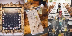 A wedding reception setup is shown in three parts: a framed seating chart adorned with photos, captured beautifully by Somerset wedding photographers, a rustic menu with a small bottle favor on a plate, and a long dining table set with floral centerpieces, wine bottles, and elegant place settings.