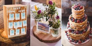 Left: Rustic seating chart with blue name cards and bunting. Middle: Vase of purple and yellow flowers with a framed photo on a wooden slab captured by Somerset wedding photographers. Right: Tiered naked cake topped with berries on a burlap-lined platter.