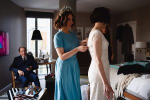 A woman in a blue dress