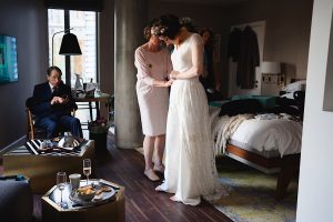 A bride in a white lace gown