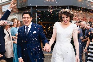 A joyful bride and groom