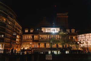 A warmly lit building